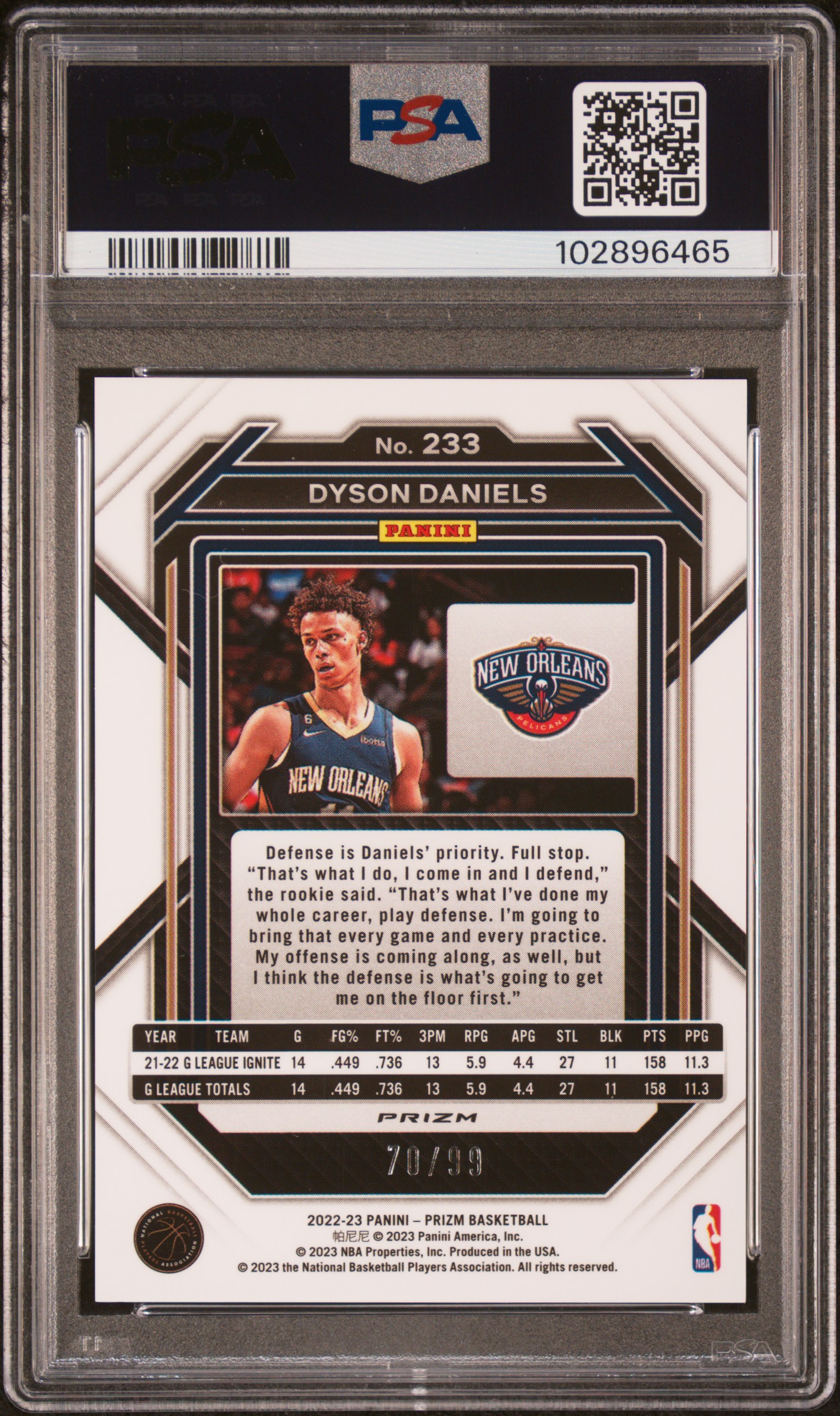 2022 Panini Prizm Dyson Daniels #233 (Purple Prizm) Gem Mt 10 back