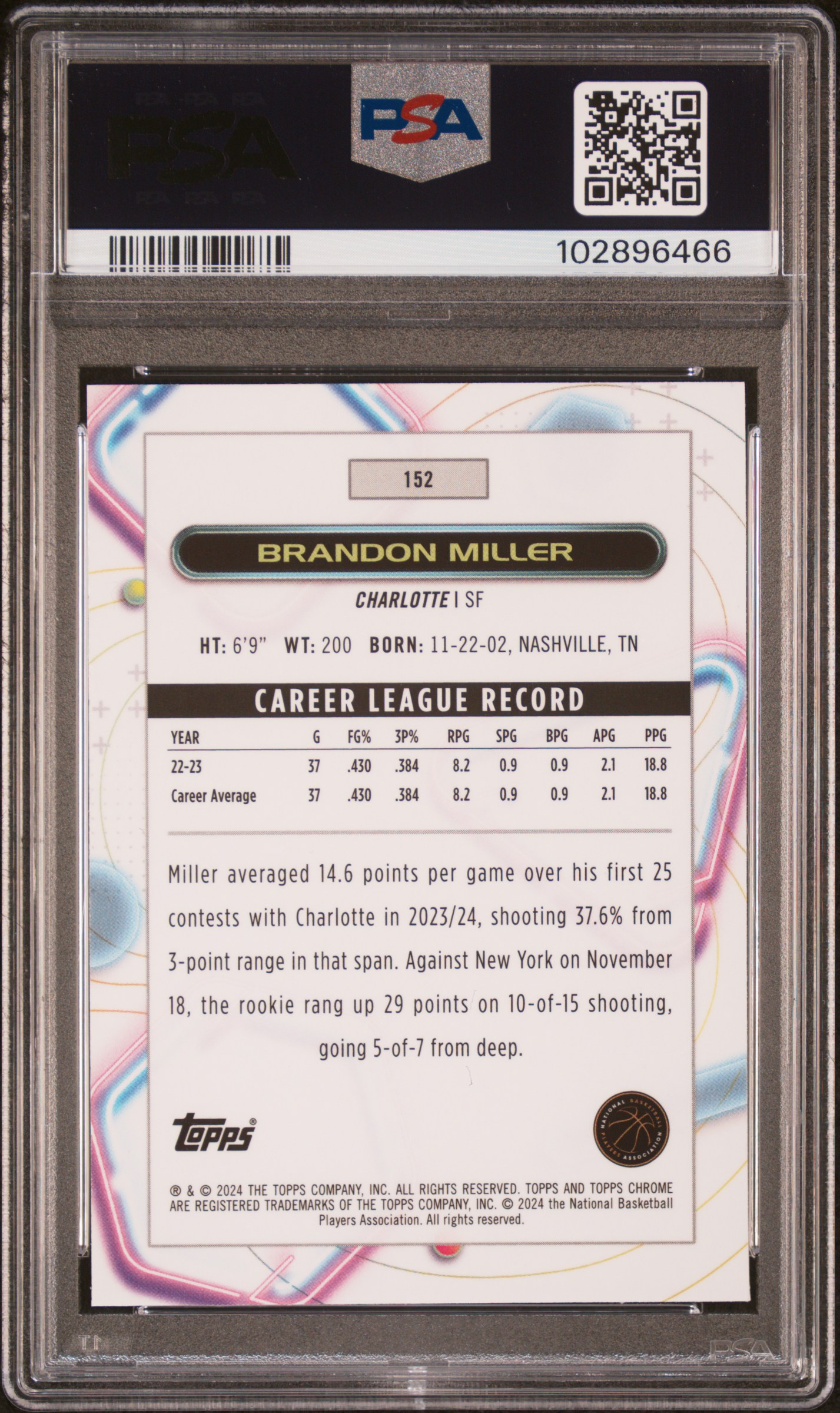 2023 Topps Cosmic Chrome Brandon Miller #152 (Blue Moon) Gem Mt 10 back