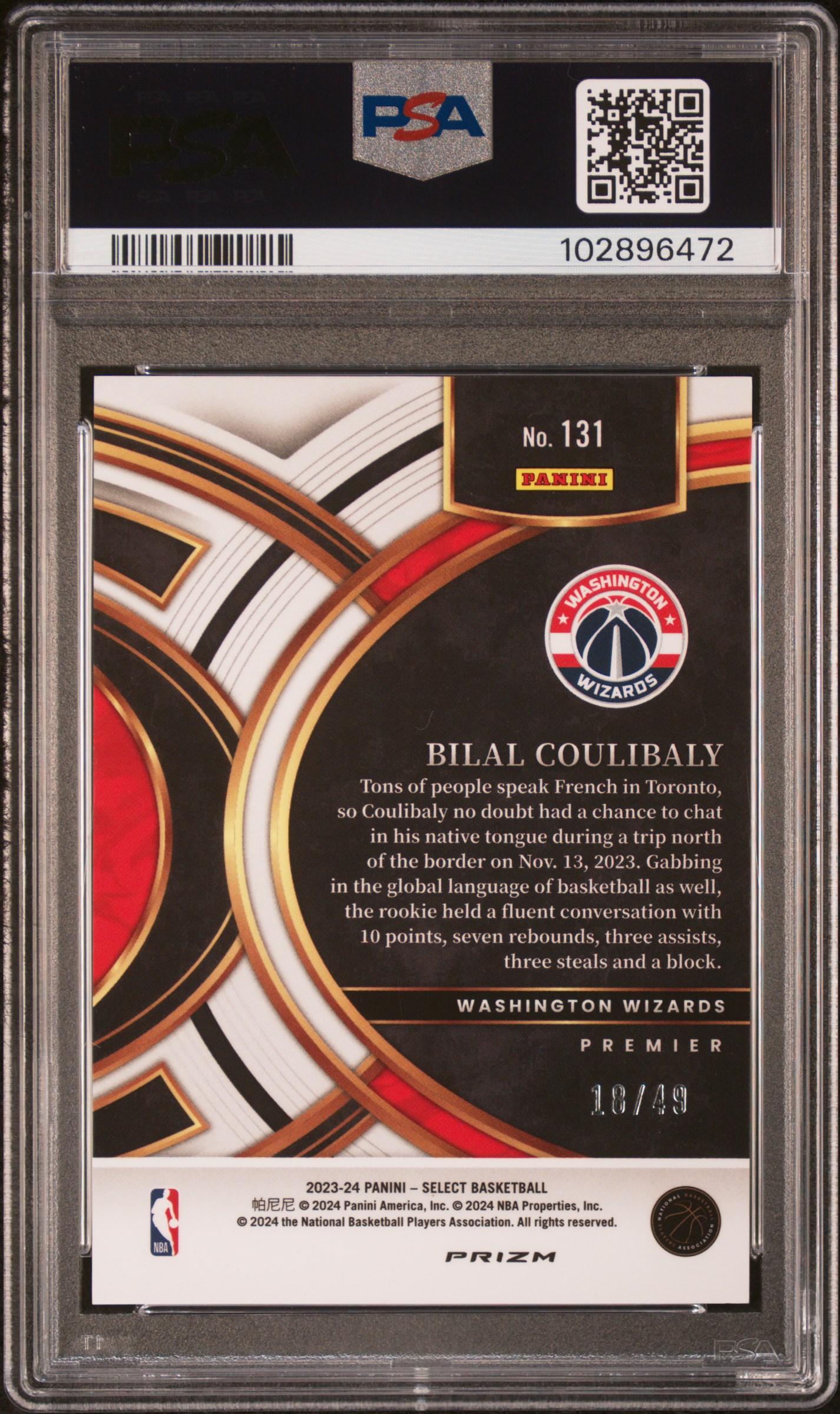 2023 Panini Select Bilal Coulibaly #131 (Red Disco) Gem Mt 10 back