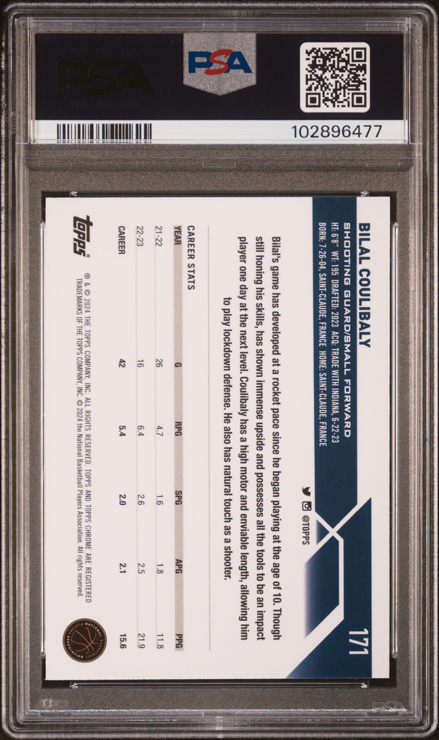 2023 Topps Chrome Bilal Coulibaly #171 (Green Topps Refractor) Gem Mt 10 back