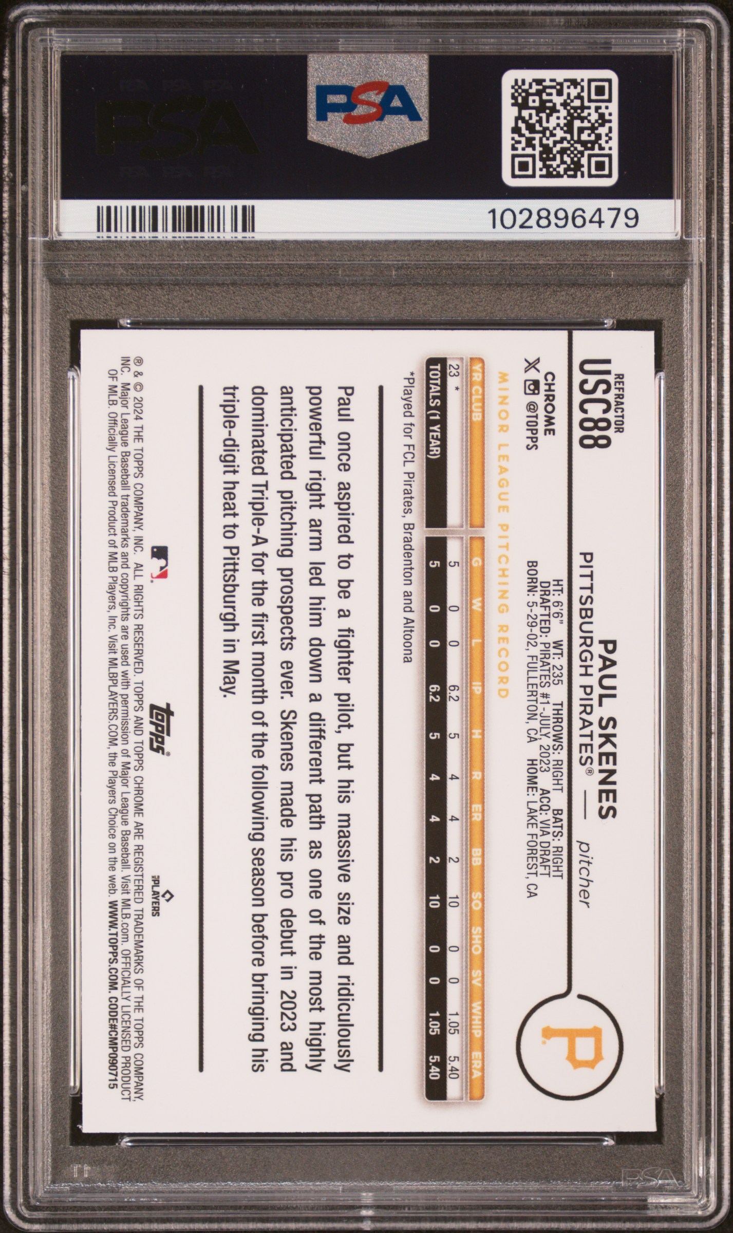 2024 Topps Chrome Update Paul Skenes #Usc88 (Refractor) Gem Mt 10 back