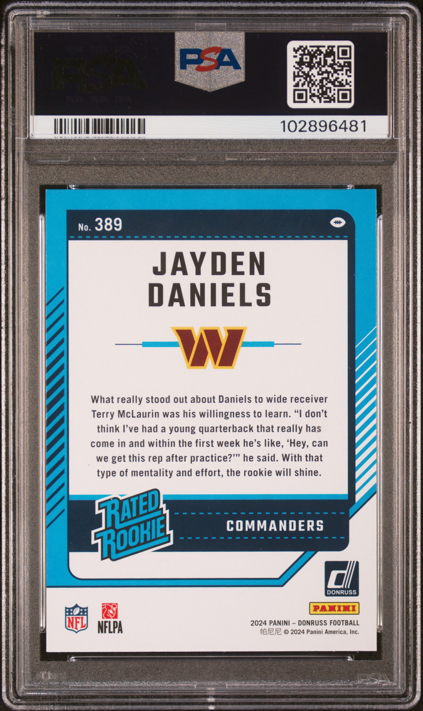 2024 Panini Donruss Jayden Daniels #389 Gem Mt 10 back