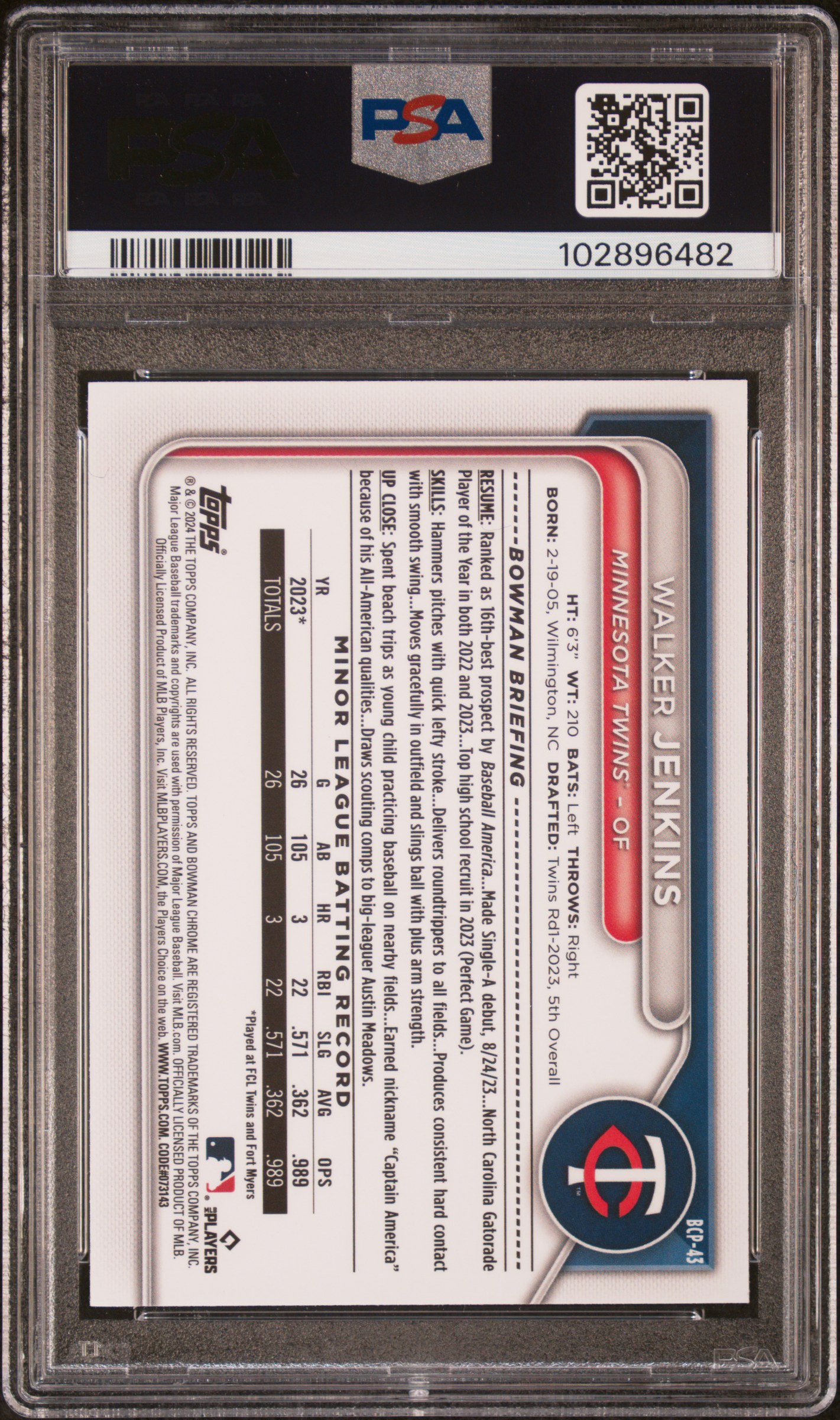 2024 Bowman Chrome Prospects Walker Jenkins #Bcp43 Gem Mt 10 back