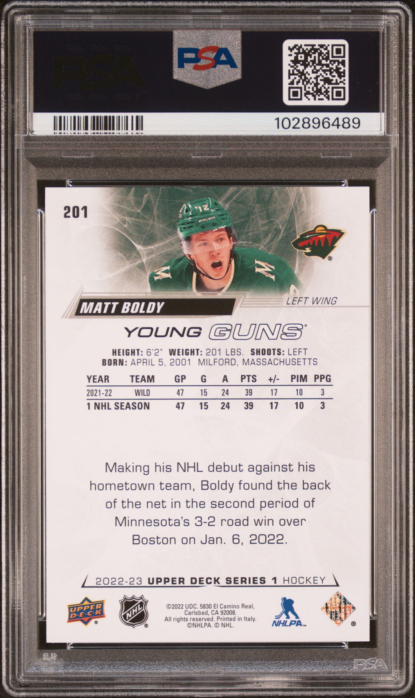 2022 Upper Deck Matt Boldy #201 Mint 9 back