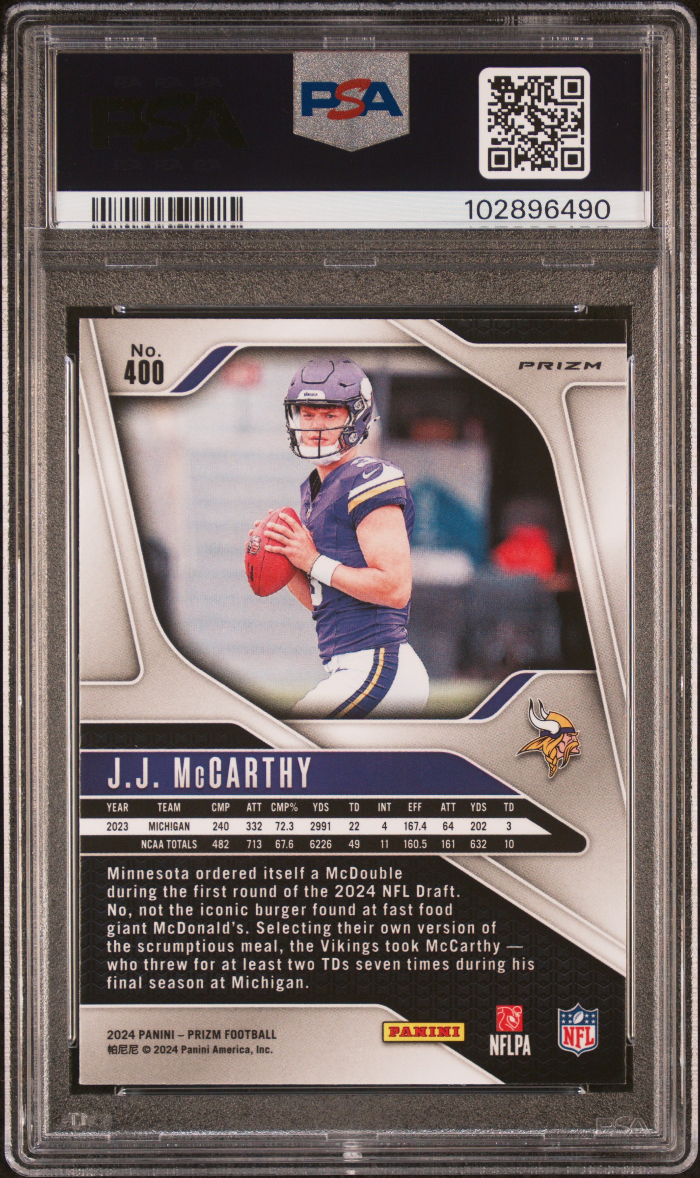 2024 Panini Prizm Jj Mccarthy #400 (Silver Prizm) Mint 9 back
