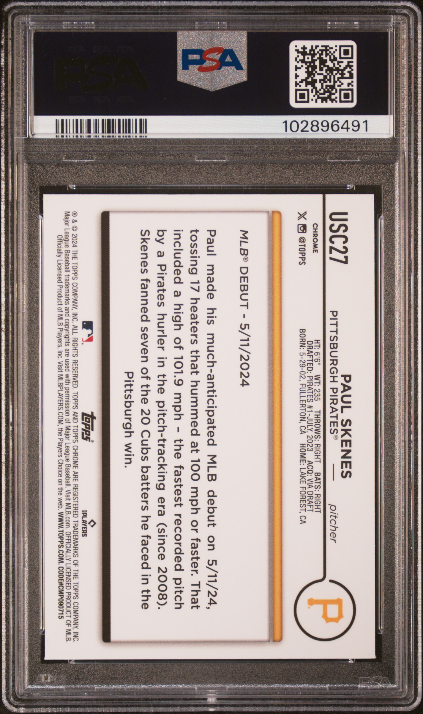 2024 Topps Chrome Update Paul Skenes #Usc27 Gem Mt 10 back