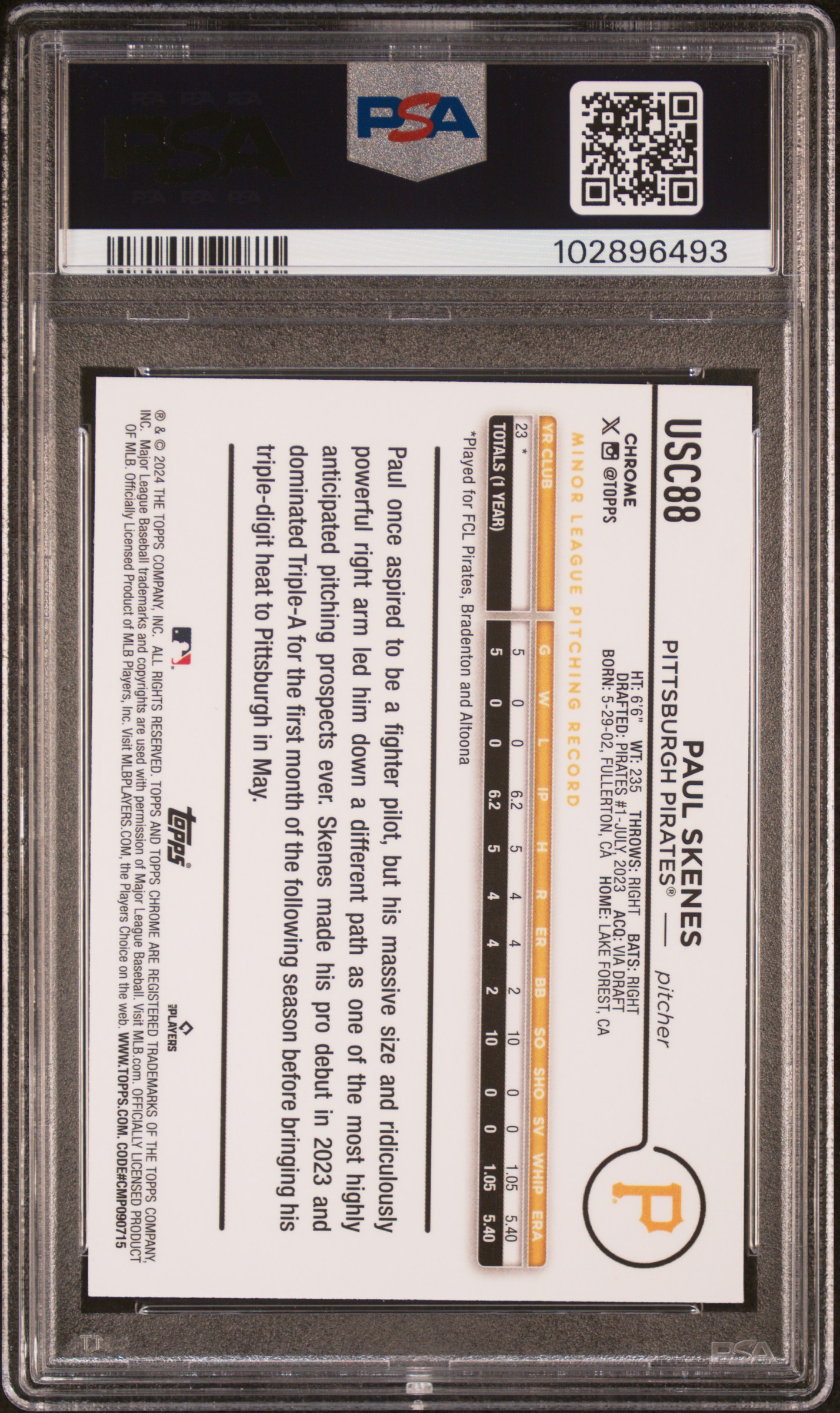 2024 Topps Chrome Update Paul Skenes #Usc88 (X-Fractor) Gem Mt 10 back