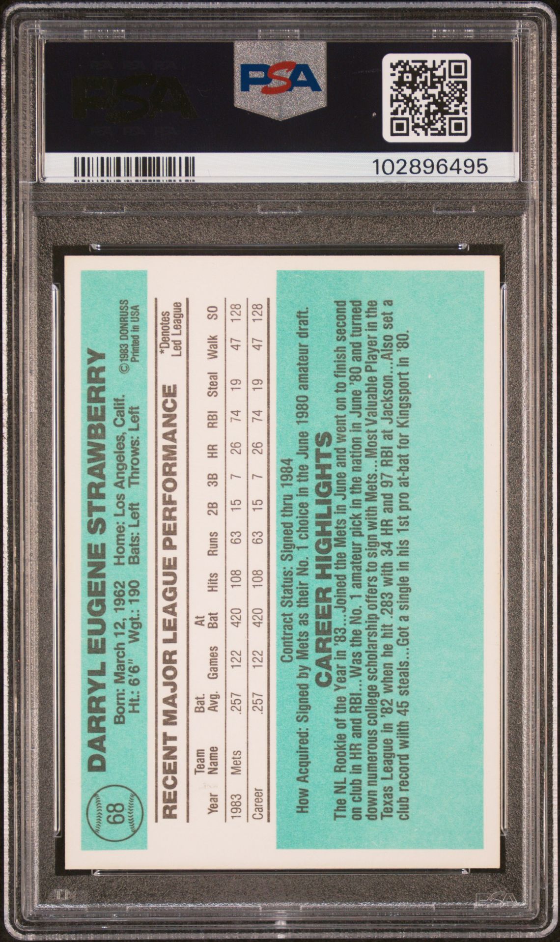 1984 Donruss Darryl Strawberry #68 Nm 7 back