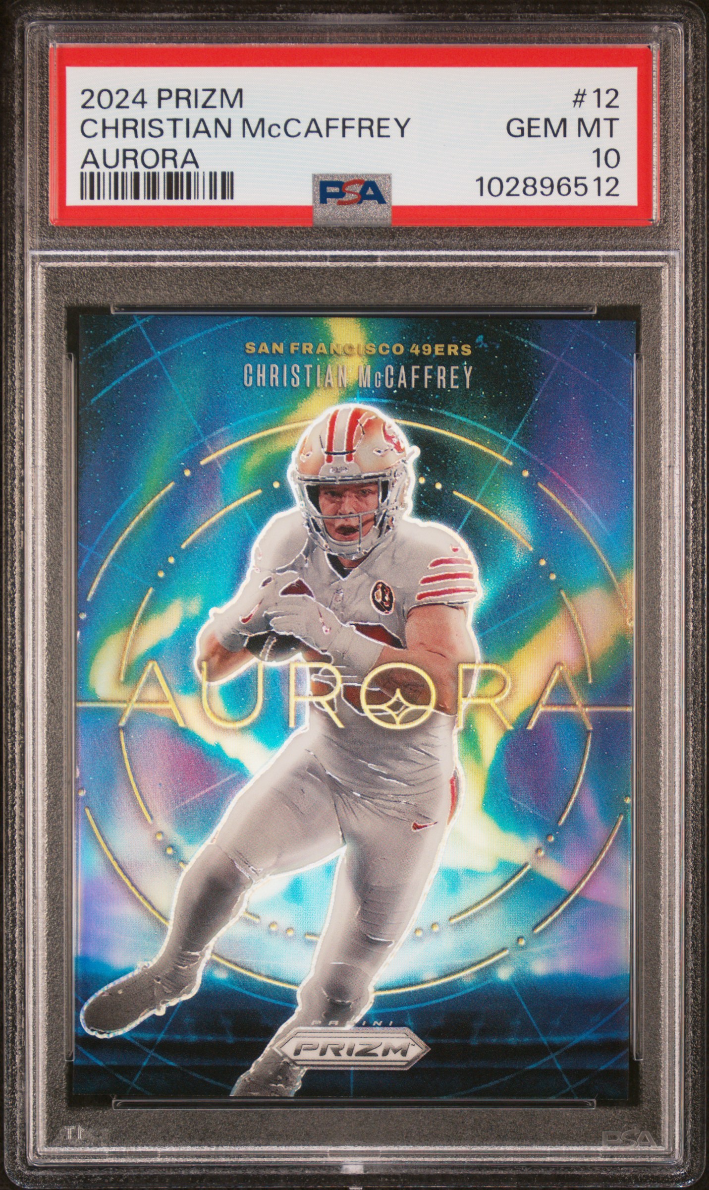 2024 Panini Prizm Aurora Christian Mccaffrey #12 Gem Mt 10 front