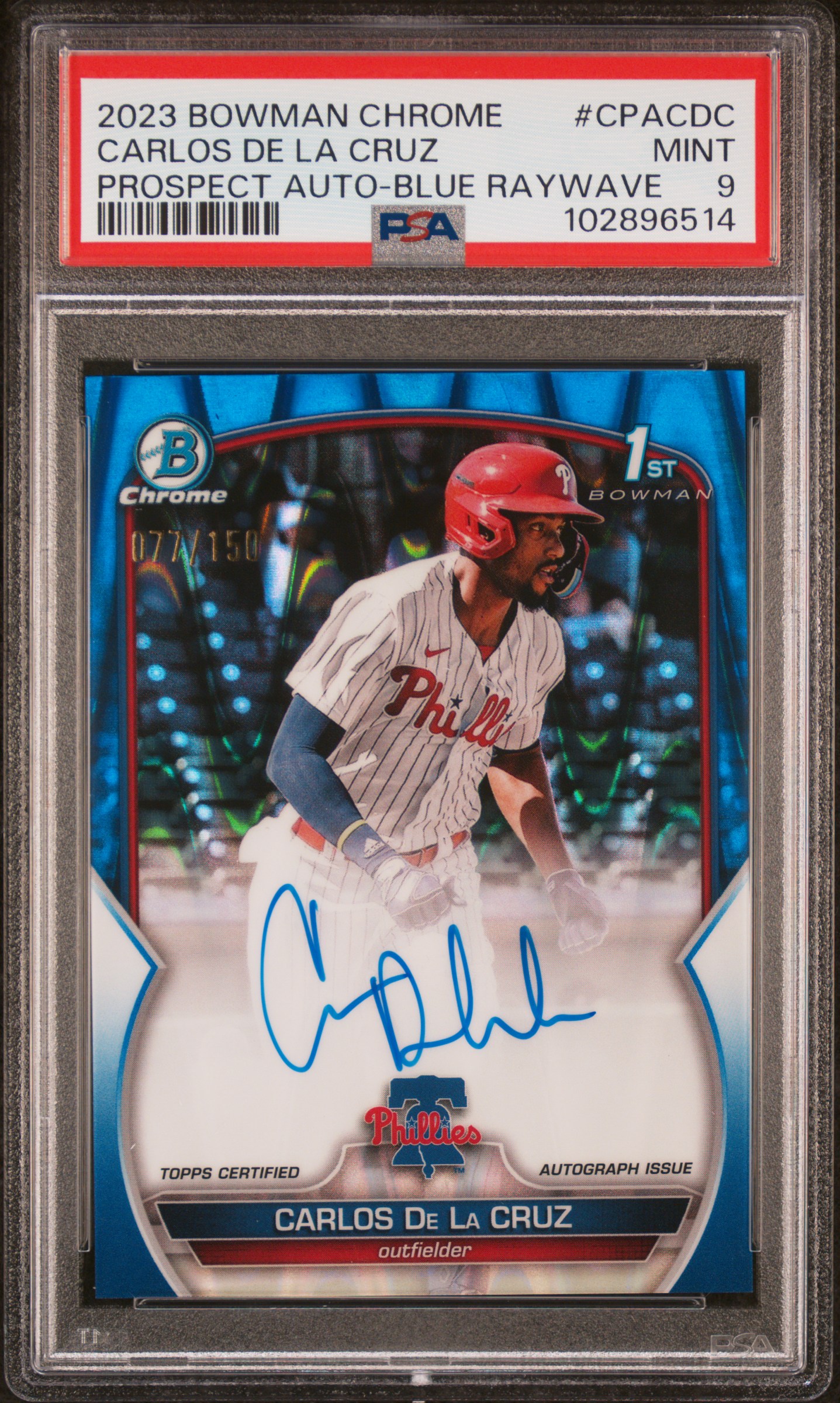 2023 Bowman Chrome Prospect Autographs Carlos De La Cruz #Cpacdc (Prospect Auto-Blue Raywave) Mint 9 front