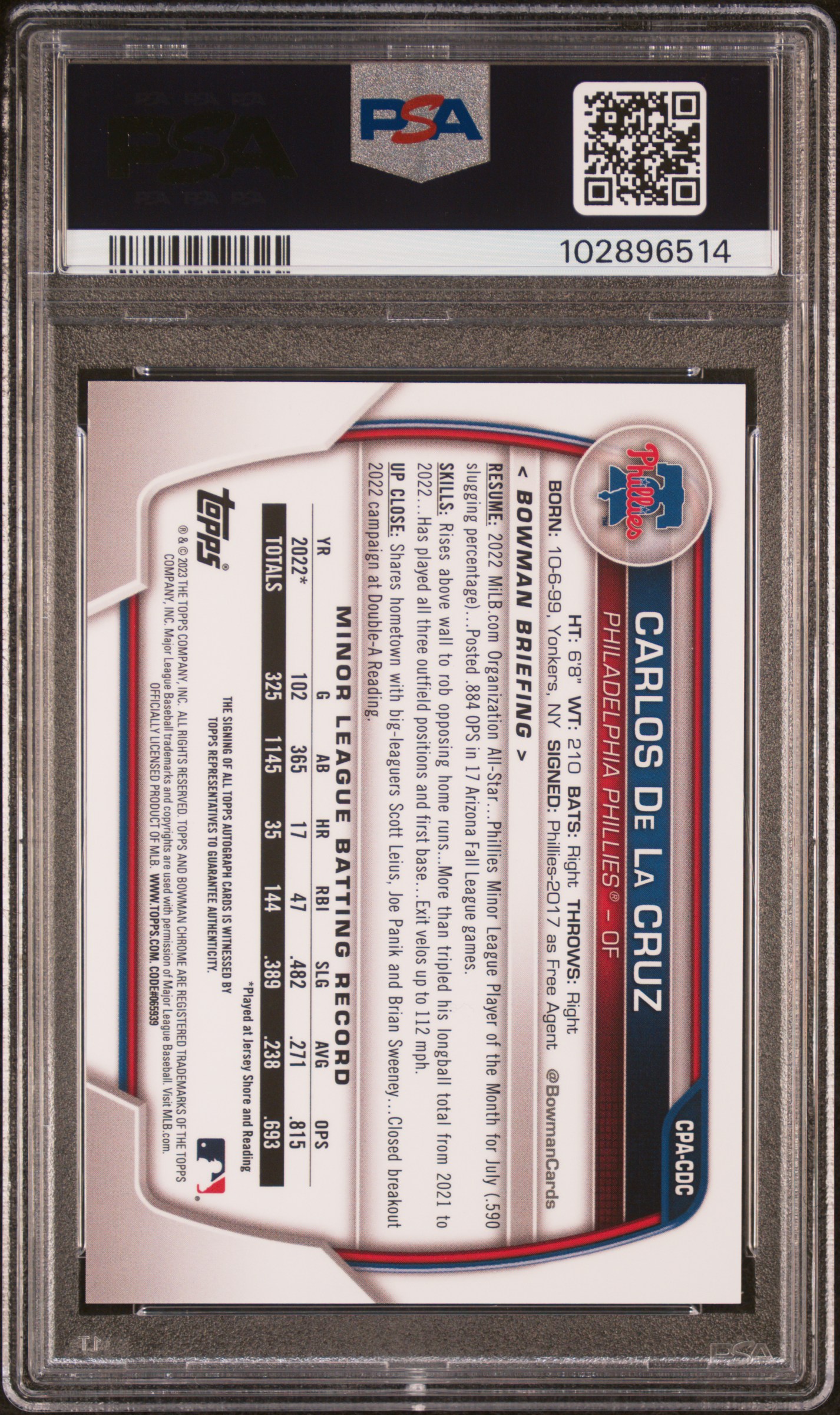 2023 Bowman Chrome Prospect Autographs Carlos De La Cruz #Cpacdc (Prospect Auto-Blue Raywave) Mint 9 back