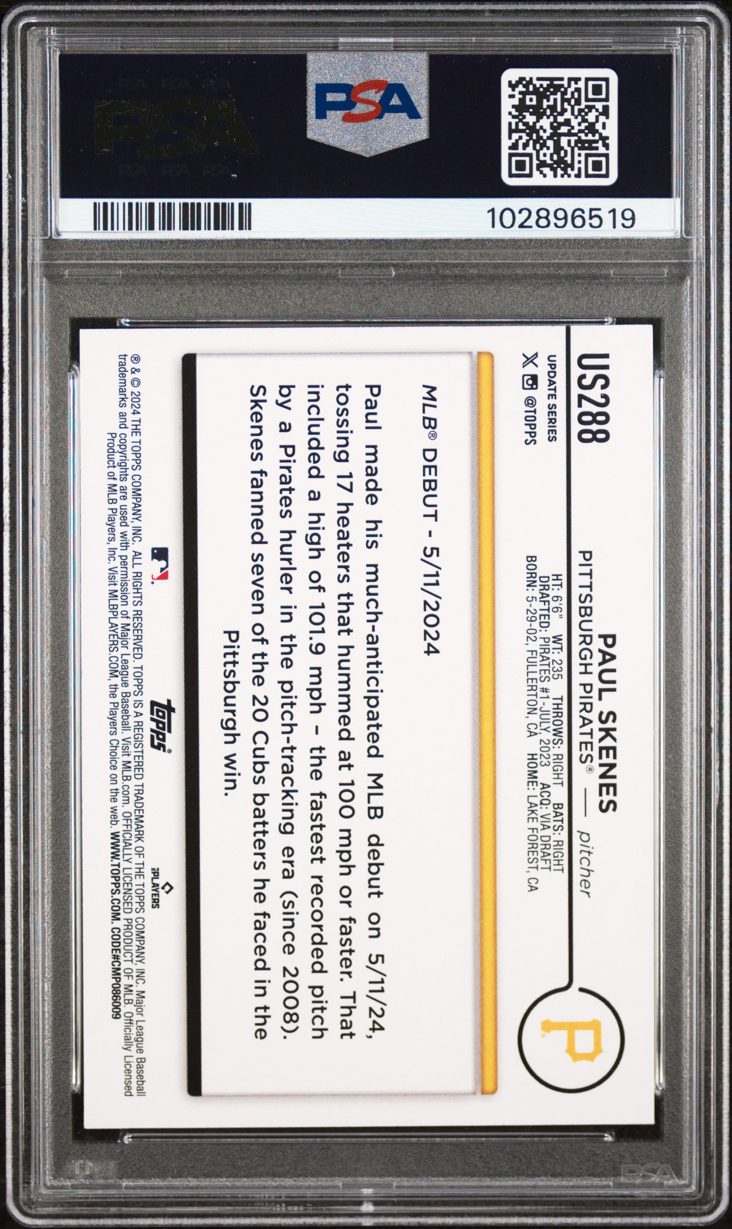 2024 Topps Update Paul Skenes #Us288 Mint 9 back