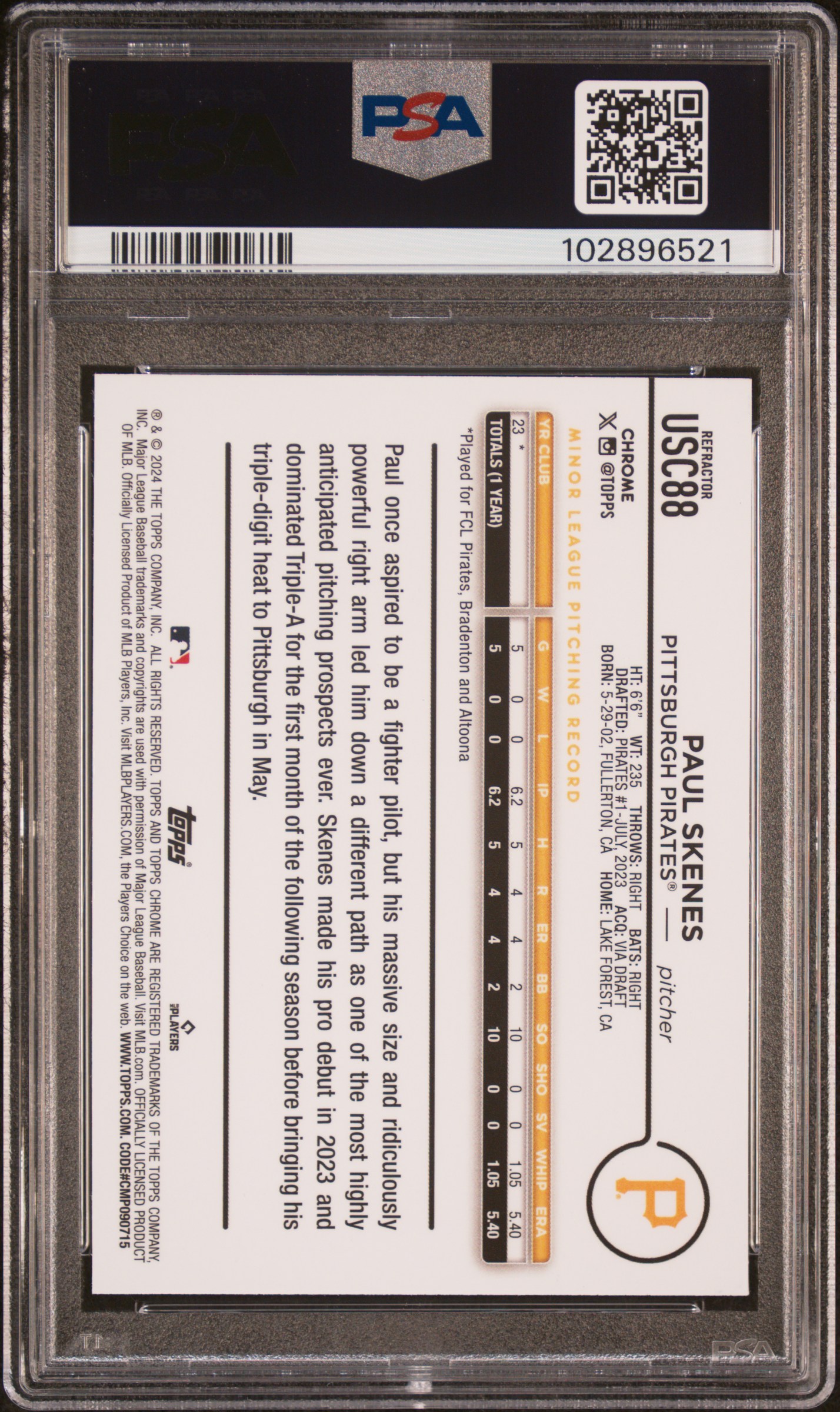 2024 Topps Chrome Update Paul Skenes #Usc88 (Prism Refractor) Gem Mt 10 back