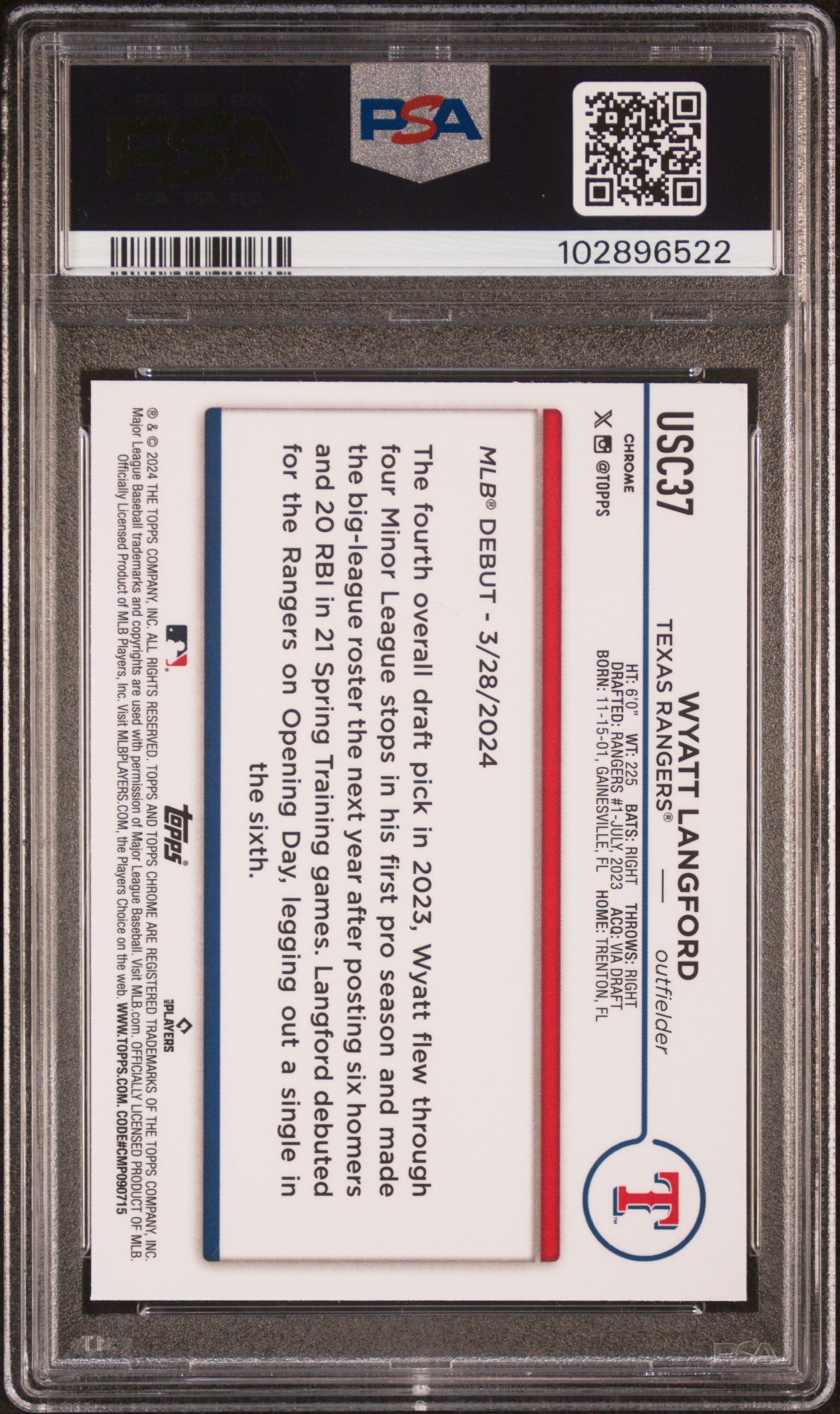 2024 Topps Chrome Update Wyatt Langford #Usc37 (X-Fractor) Gem Mt 10 back