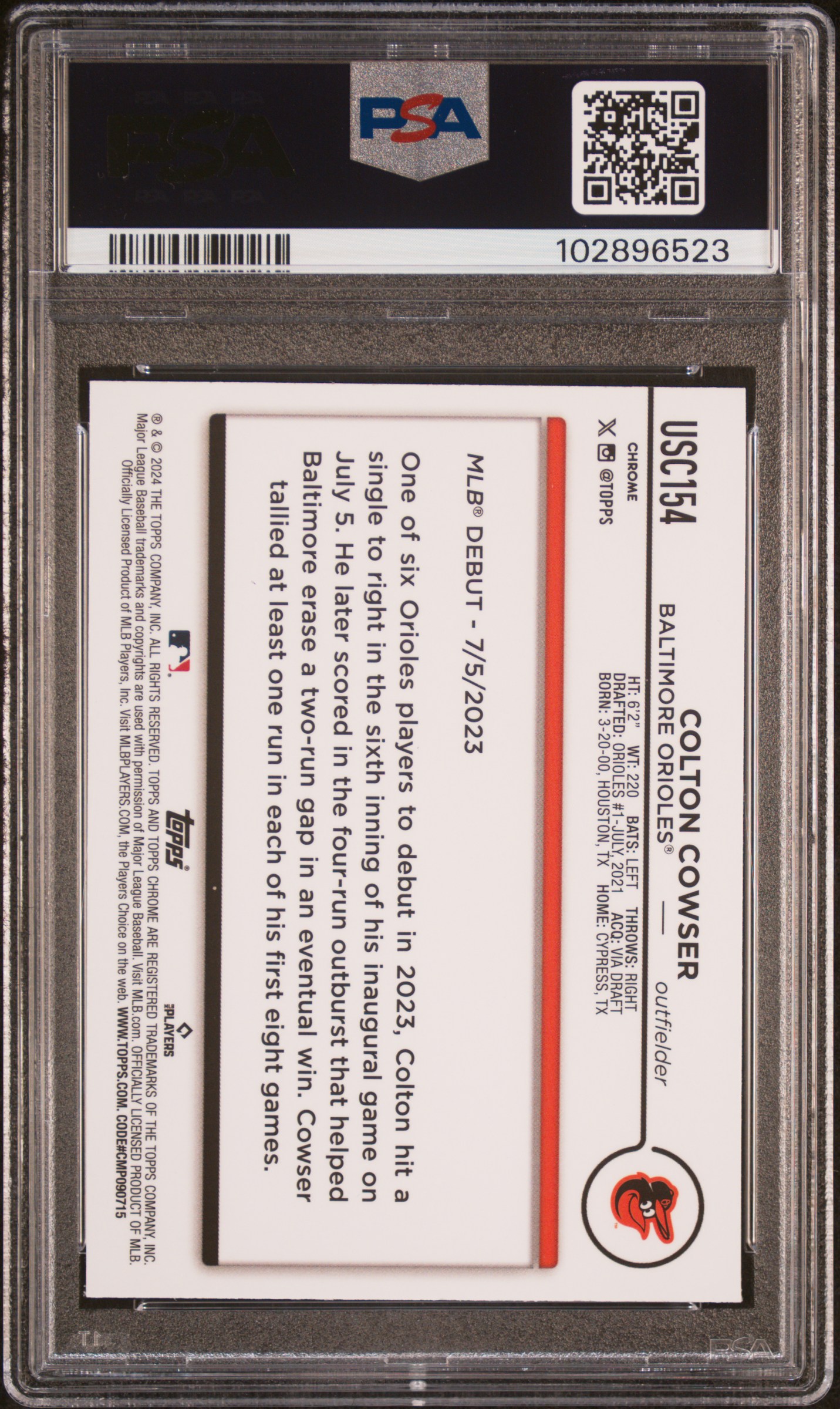 2024 Topps Chrome Update Colton Cowser #Usc154 (X-Fractor) Gem Mt 10 back