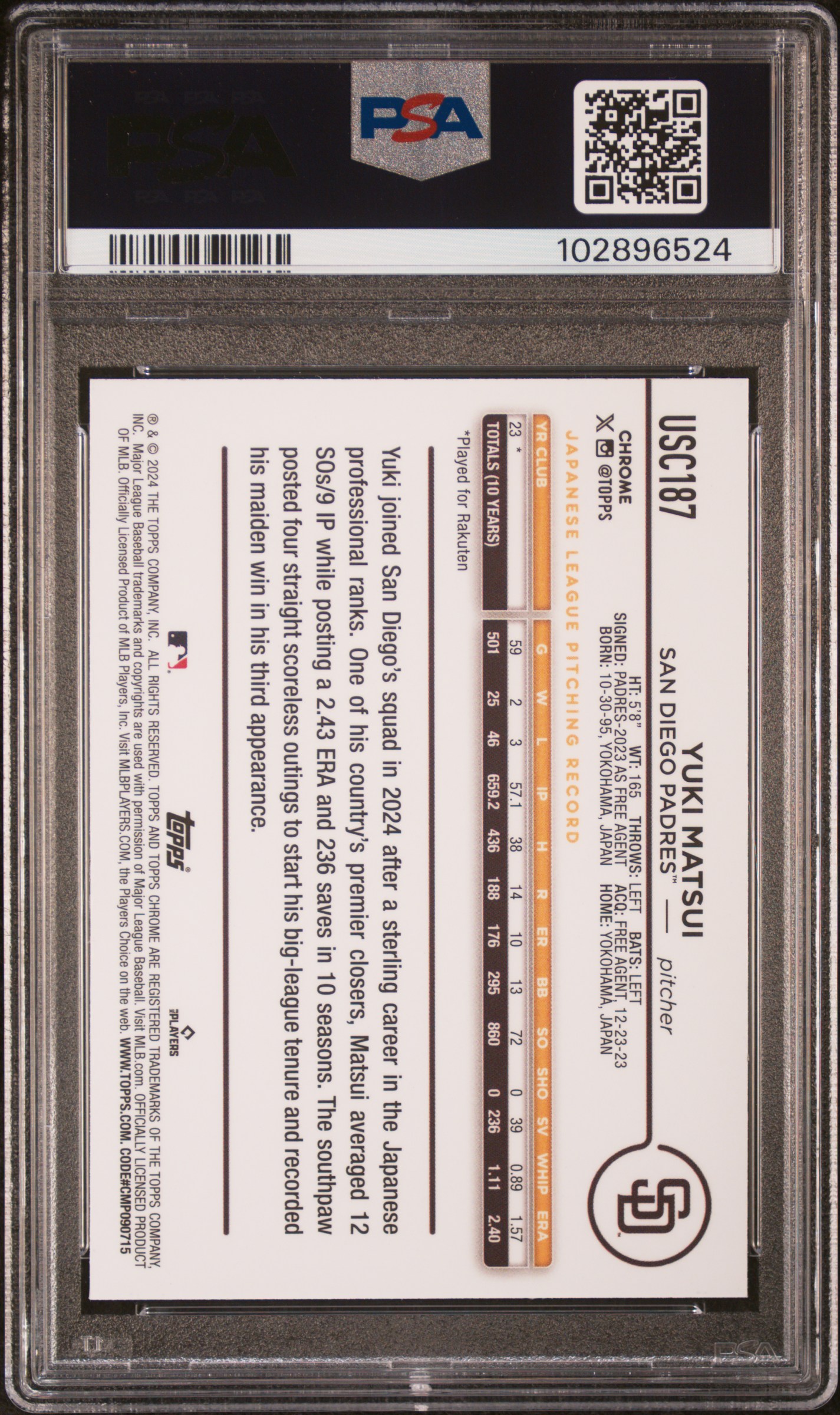 2024 Topps Chrome Update Yuki Matsui #Usc187 (Raywave Refractor) Gem Mt 10 back