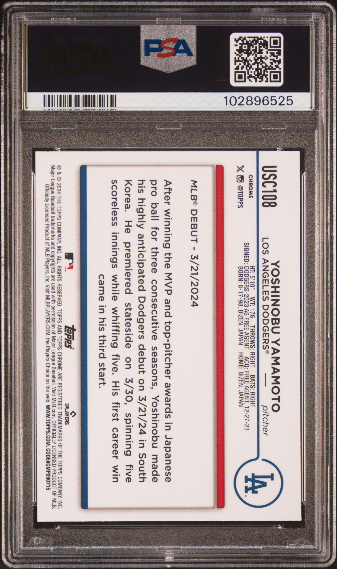 2024 Topps Chrome Update Yoshinobu Yamamoto #Usc108 (X-Fractor) Gem Mt 10 back