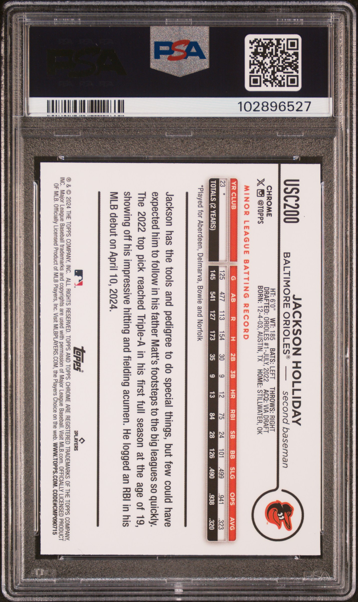 2024 Topps Chrome Update Jackson Holliday #Usc200 (X-Fractor) Gem Mt 10 back