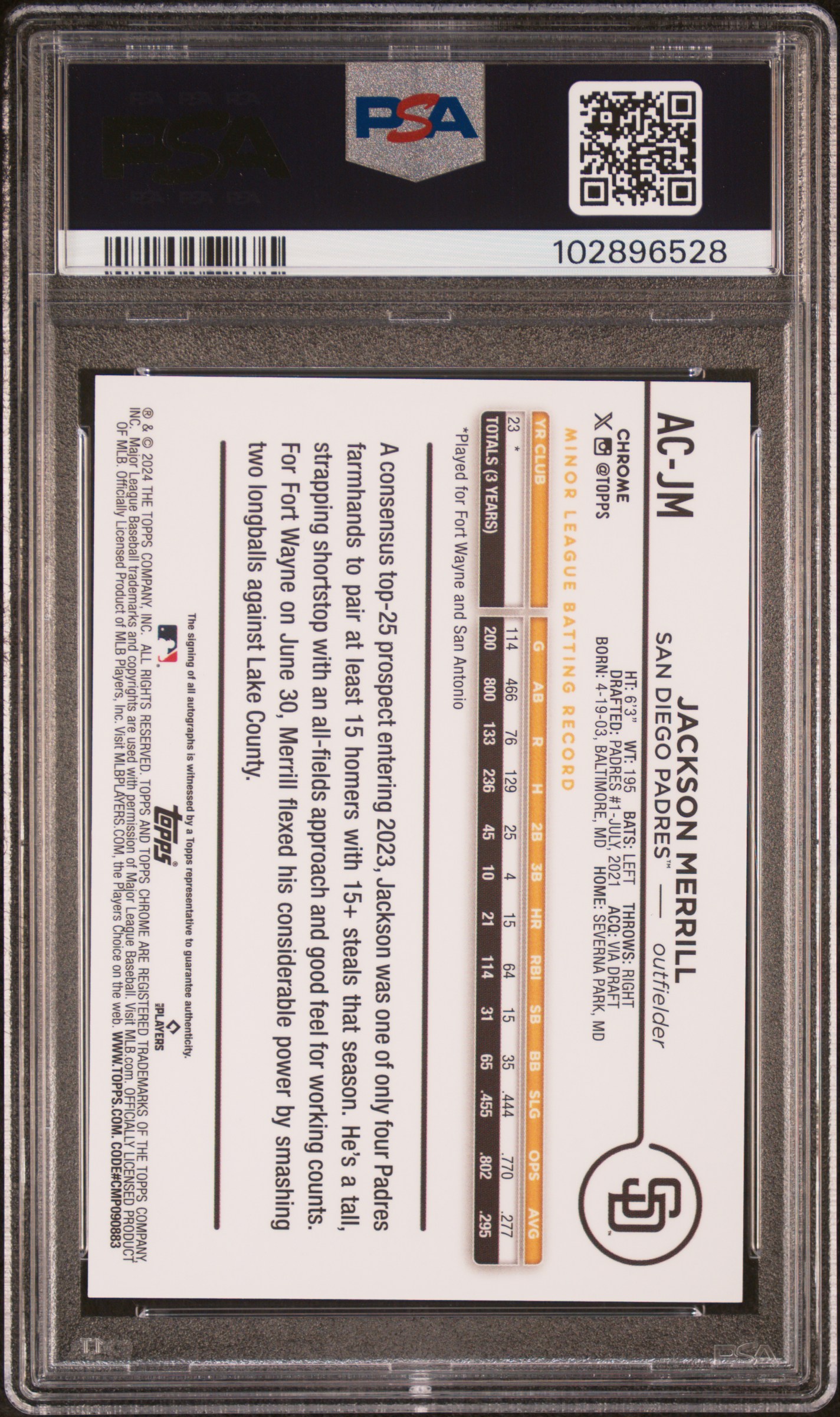 2024 Topps Chrome Update Chrome Baseball Update Series Autographs Jackson Merrill #Acjm (Autograph-Green Refractor) Gem Mt 10 back