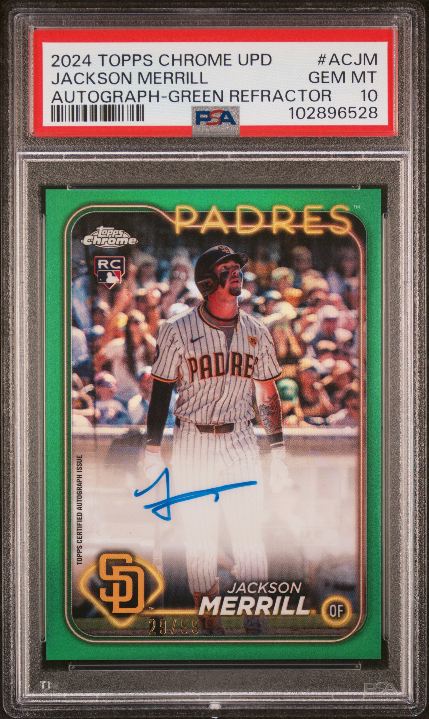 2024 Topps Chrome Update Chrome Baseball Update Series Autographs Jackson Merrill #Acjm (Autograph-Green Refractor) Gem Mt 10 front