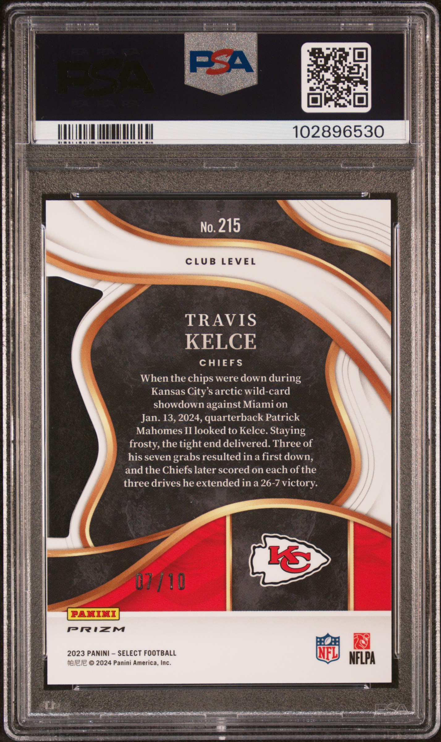 2023 Panini Select Travis Kelce #215 (Die-Cut Gold Prizm) Gem Mt 10 back