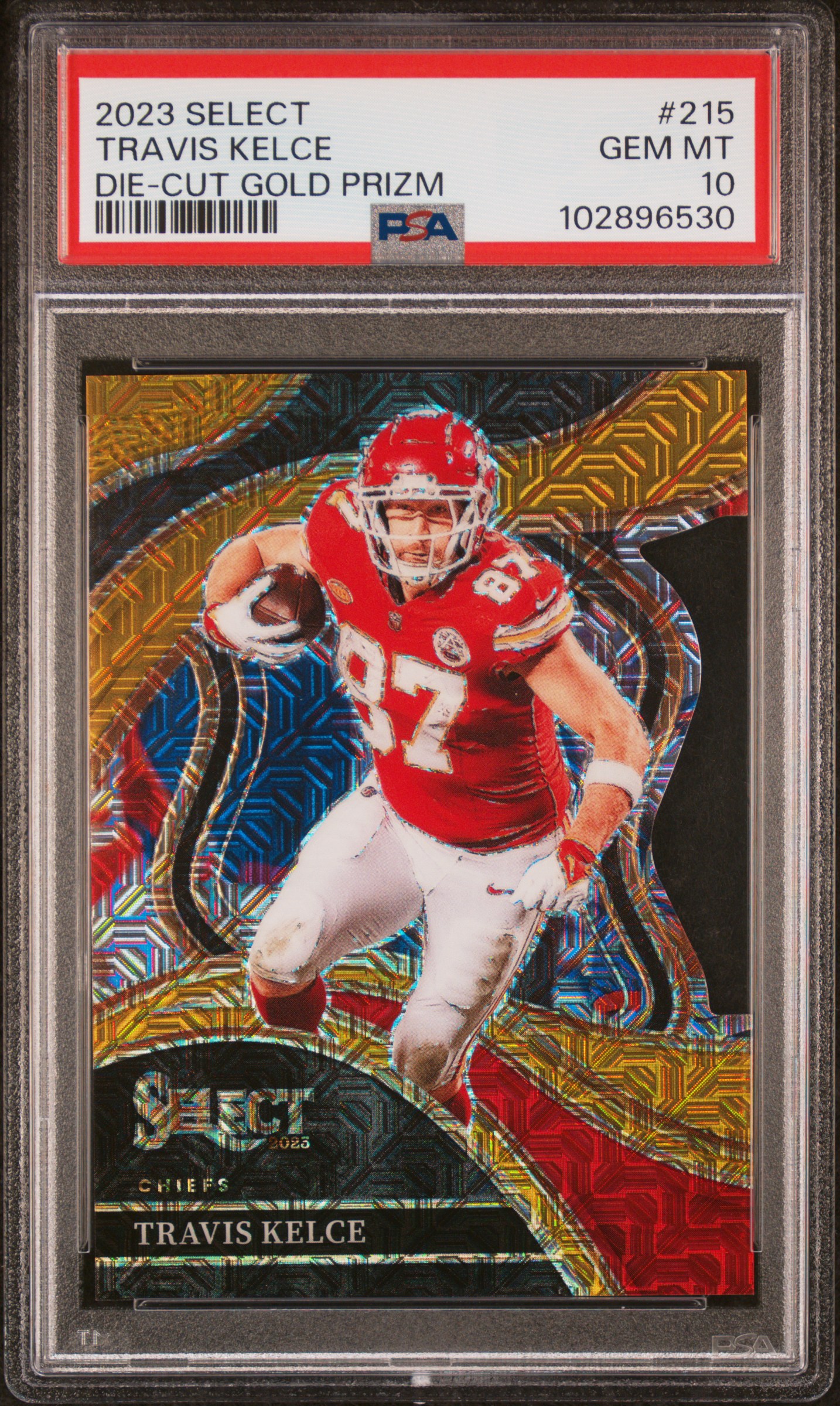 2023 Panini Select Travis Kelce #215 (Die-Cut Gold Prizm) Gem Mt 10 front