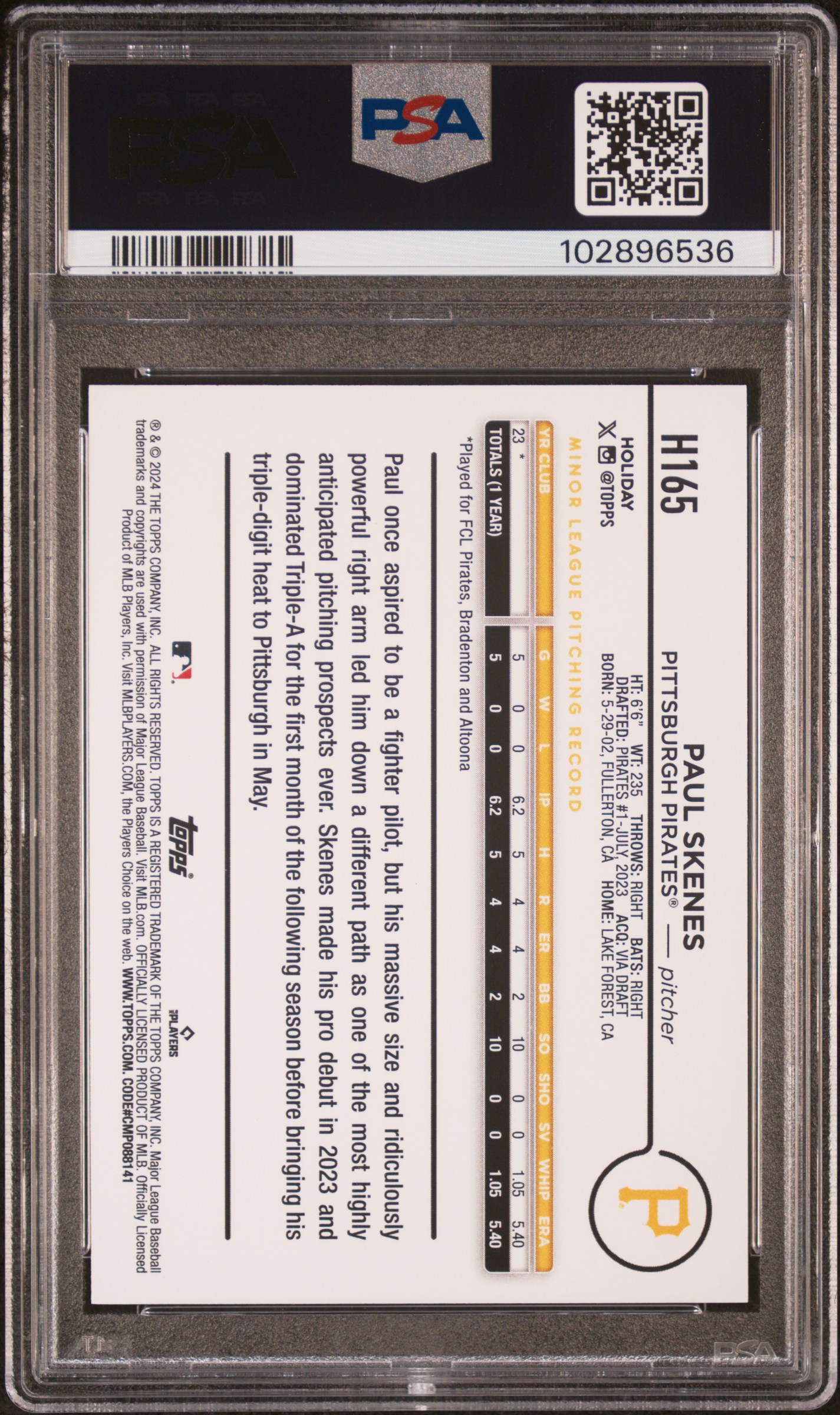 2024 Topps Holiday Paul Skenes #H165 Mint 9 back