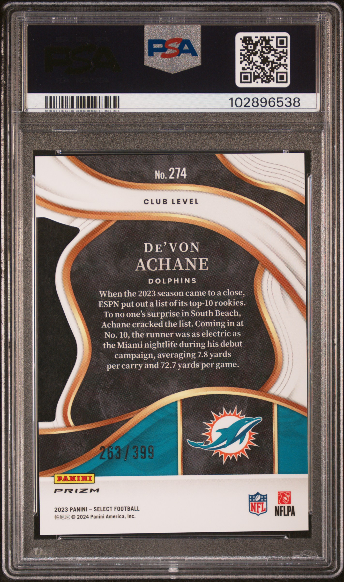 2023 Panini Select De'von Achane #274 (Die-Cut Orange Prizm) Gem Mt 10 back