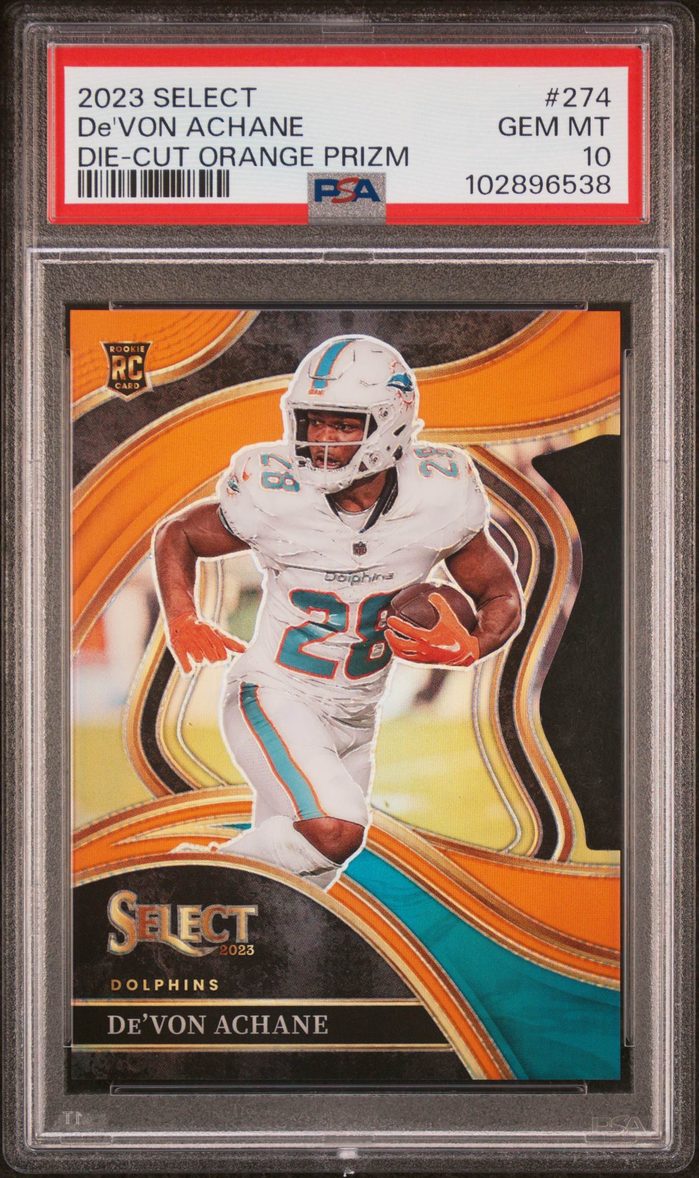 2023 Panini Select De'von Achane #274 (Die-Cut Orange Prizm) Gem Mt 10 front