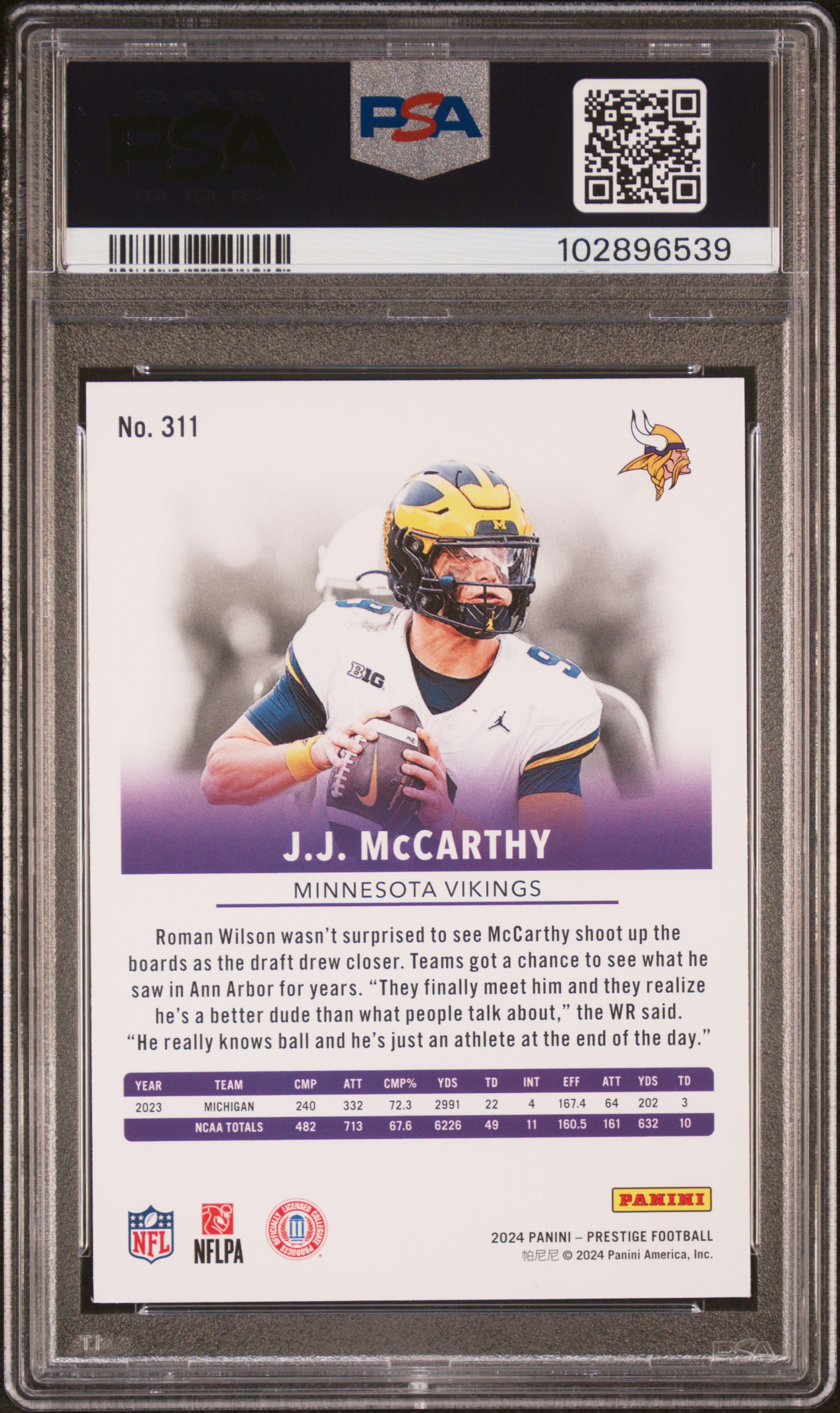 2024 Panini Prestige Jj Mccarthy #311 Mint 9 back
