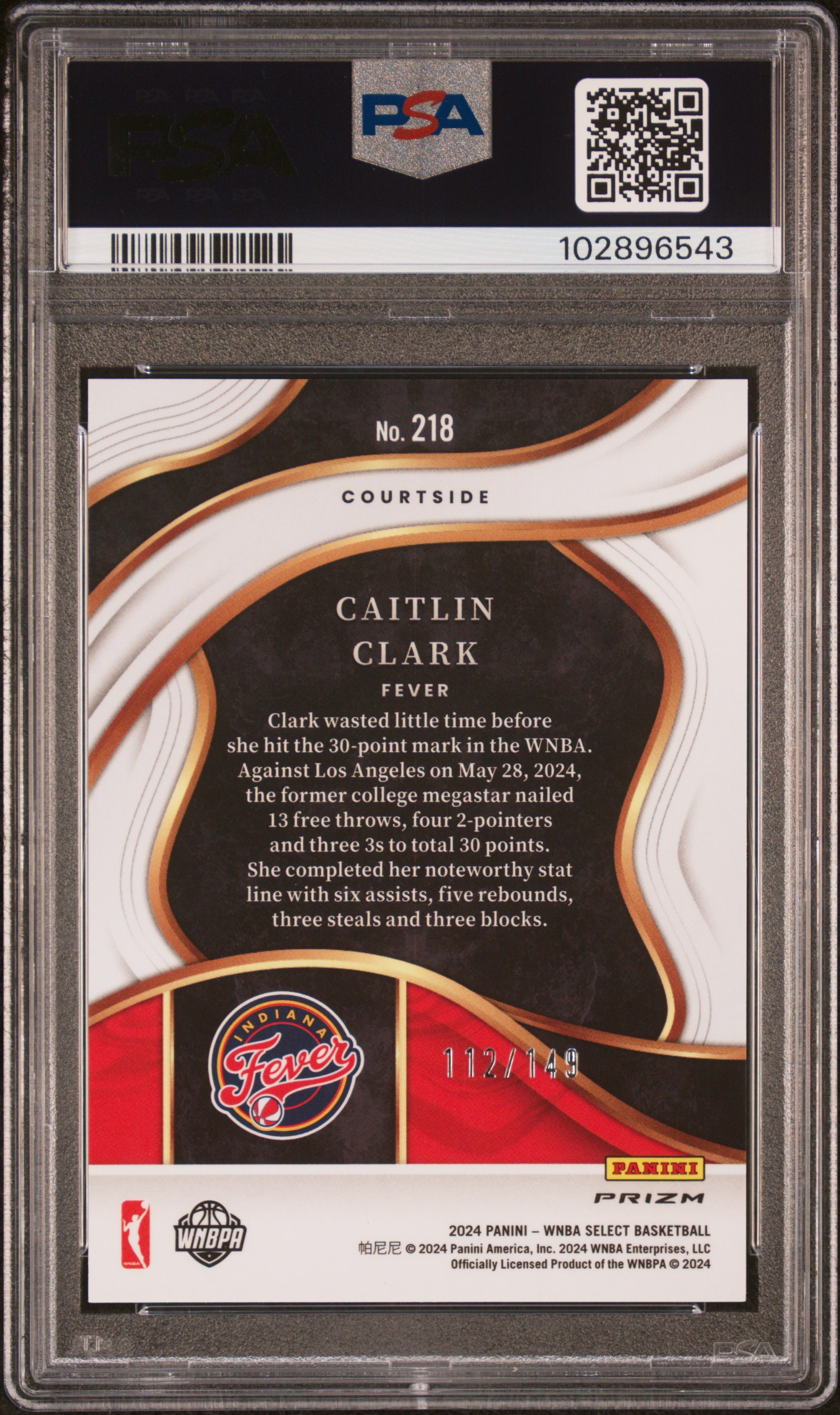 2024 Panini Select Wnba Caitlin Clark #218 (Purple Ice) Gem Mt 10 back
