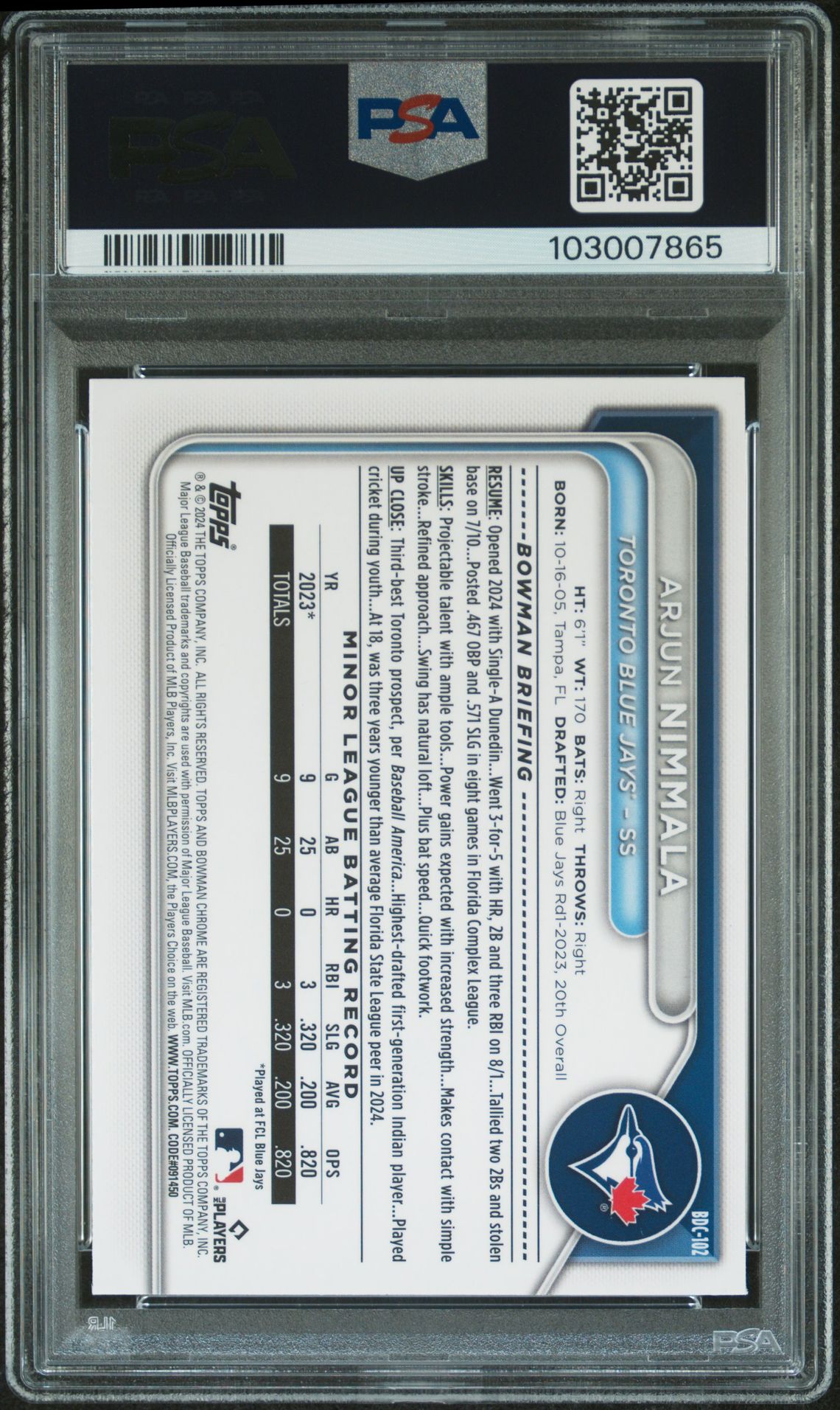 2024 Bowman Draft Arjun Nimmala #Bdc102 (Chrome-Blue Refractor) Mint 9 back