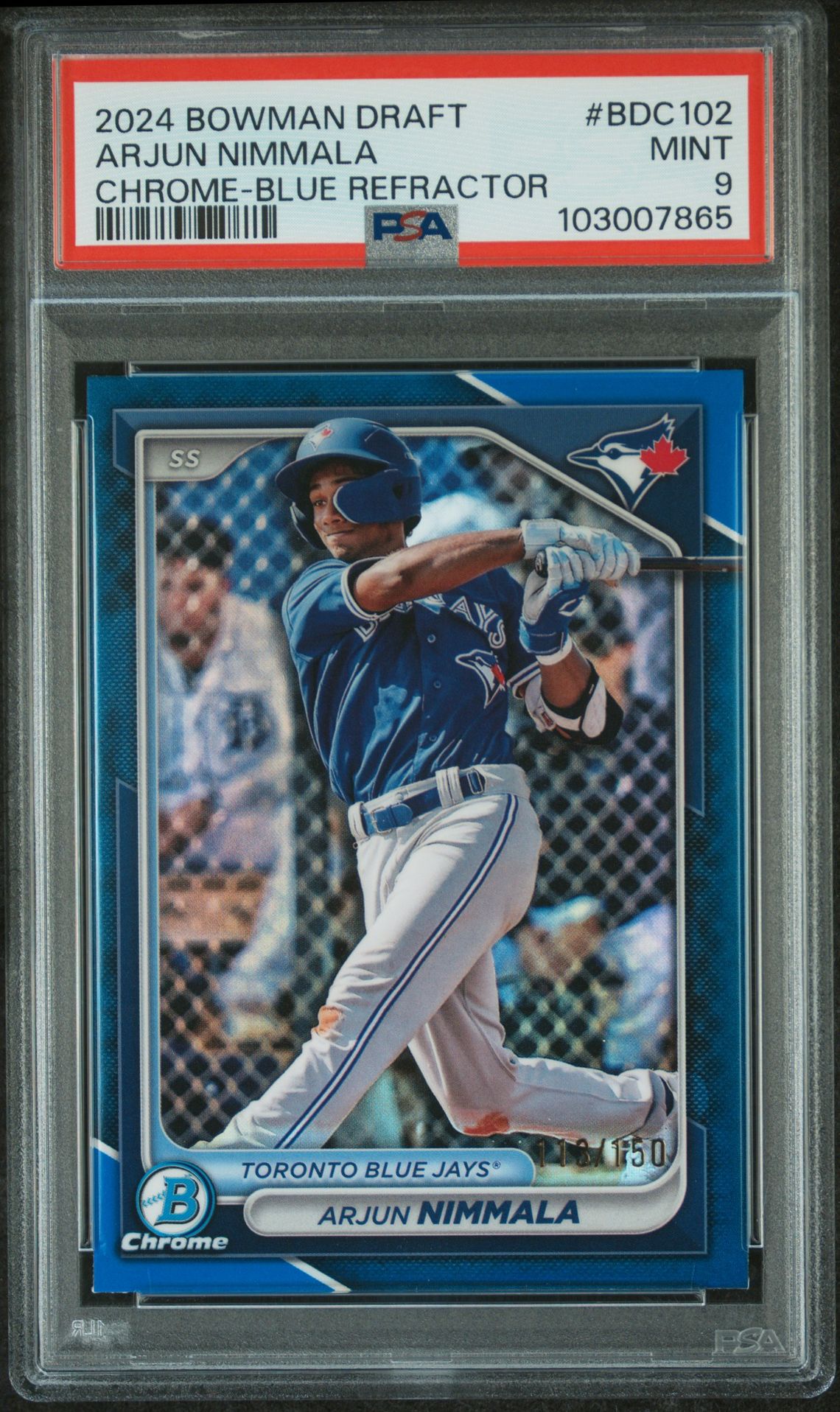 2024 Bowman Draft Arjun Nimmala #Bdc102 (Chrome-Blue Refractor) Mint 9 front
