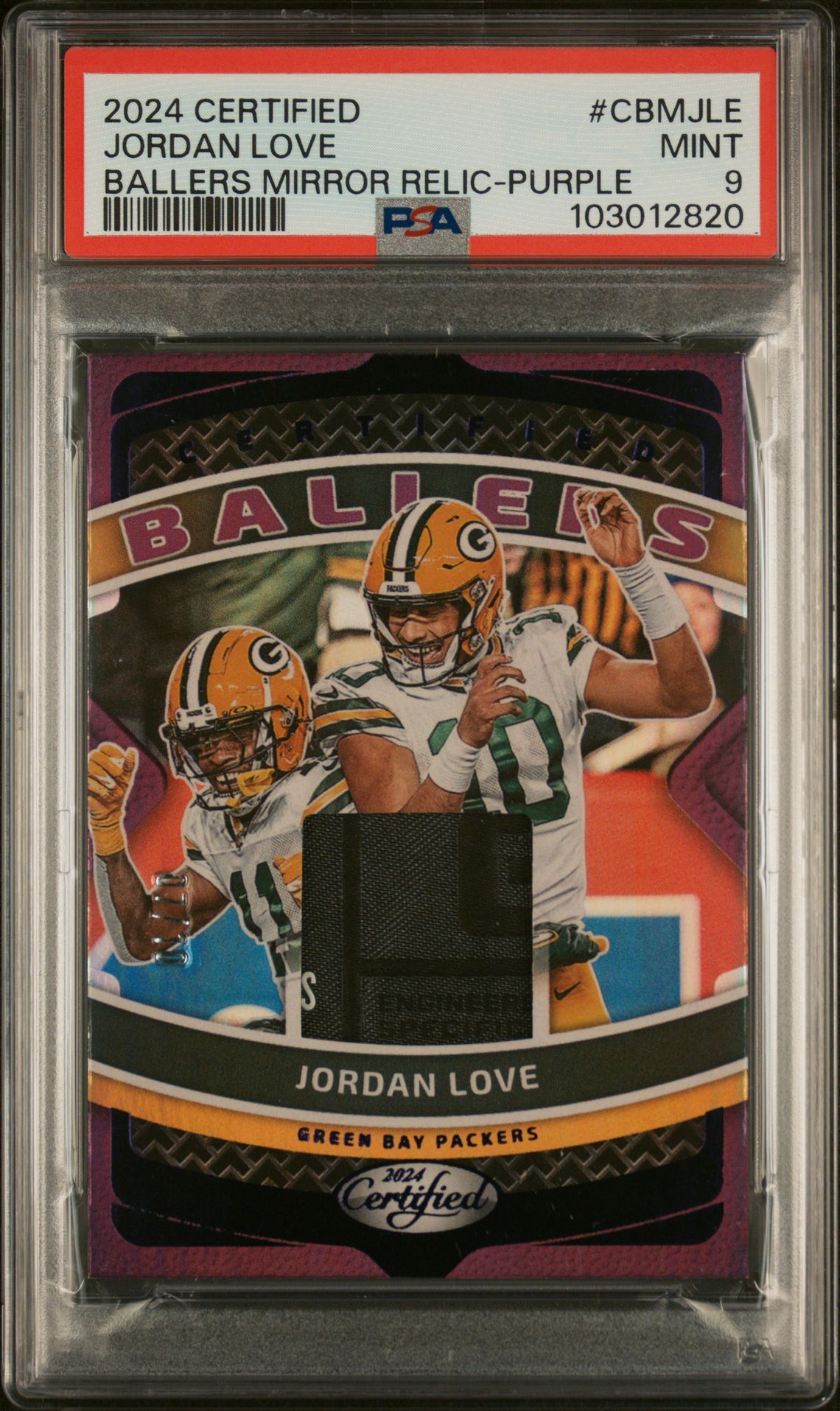 2024 Panini Certified Certified Ballers Mirror Relics Jordan Love #Cbmjle (Ballers Mirror Relic-Purple) Mint 9 front