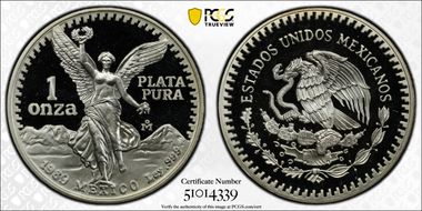 1989-Mo Onza Libertad Ag w/ Dot .999 PR69DCAM