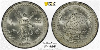 1991-Mo Onza Libertad Ag T2 - PLaTA PuRA MS67