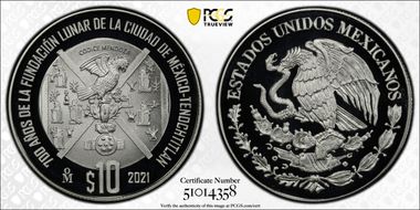 2021-Mo 10 Peso Foundation of Tenochtitlan 700th Anniversary PR70DCAM
