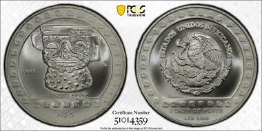 1993-Mo 5 Peso Brasero Efigie KM-648 Mo R. Obv. Field MS69