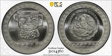 1993-Mo 5 Peso Brasero Efigie KM-648 Mo R. Obv. Field MS69