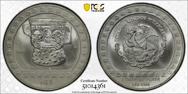 1993-Mo 5 Peso Brasero Efigie KM-648 Mo R. Obv. Field MS66