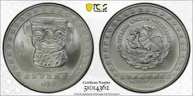 1993-Mo 5 Peso Brasero Efigie T-2 Mo Above Date MS67