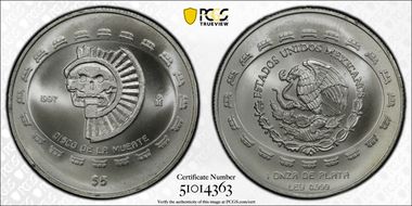 1997-Mo 5 Peso Disco de la Muerte KM-619  Ag MS68