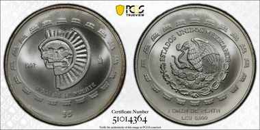 1997-Mo 5 Peso Disco de la Muerte KM-619  Ag MS69