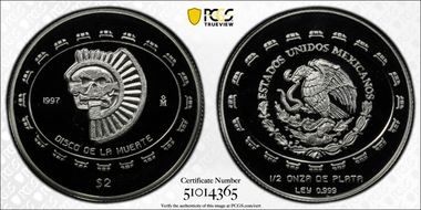 1997-Mo 2 Peso Disco de la Muerte KM-618  Ag PR69DCAM
