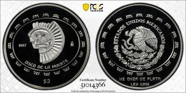 1997-Mo 2 Peso Disco de la Muerte KM-618  Ag PR69DCAM