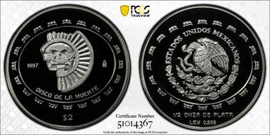 1997-Mo 2 Peso Disco de la Muerte KM-618  Ag PR69DCAM