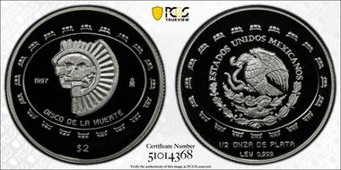 1997-Mo 2 Peso Disco de la Muerte KM-618  Ag PR70DCAM