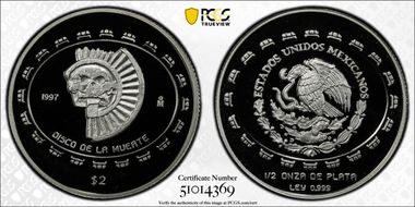 1997-Mo 2 Peso Disco de la Muerte KM-618  Ag PR70DCAM
