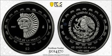 1997-Mo 2 Peso Disco de la Muerte KM-618  Ag PR68DCAM