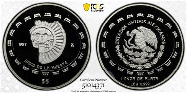 1997-Mo 5 Peso Disco de la Muerte KM-619  Ag PR69DCAM